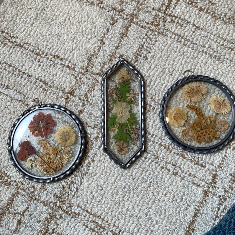 Vintage pewter Pressed Flower stained glass Set